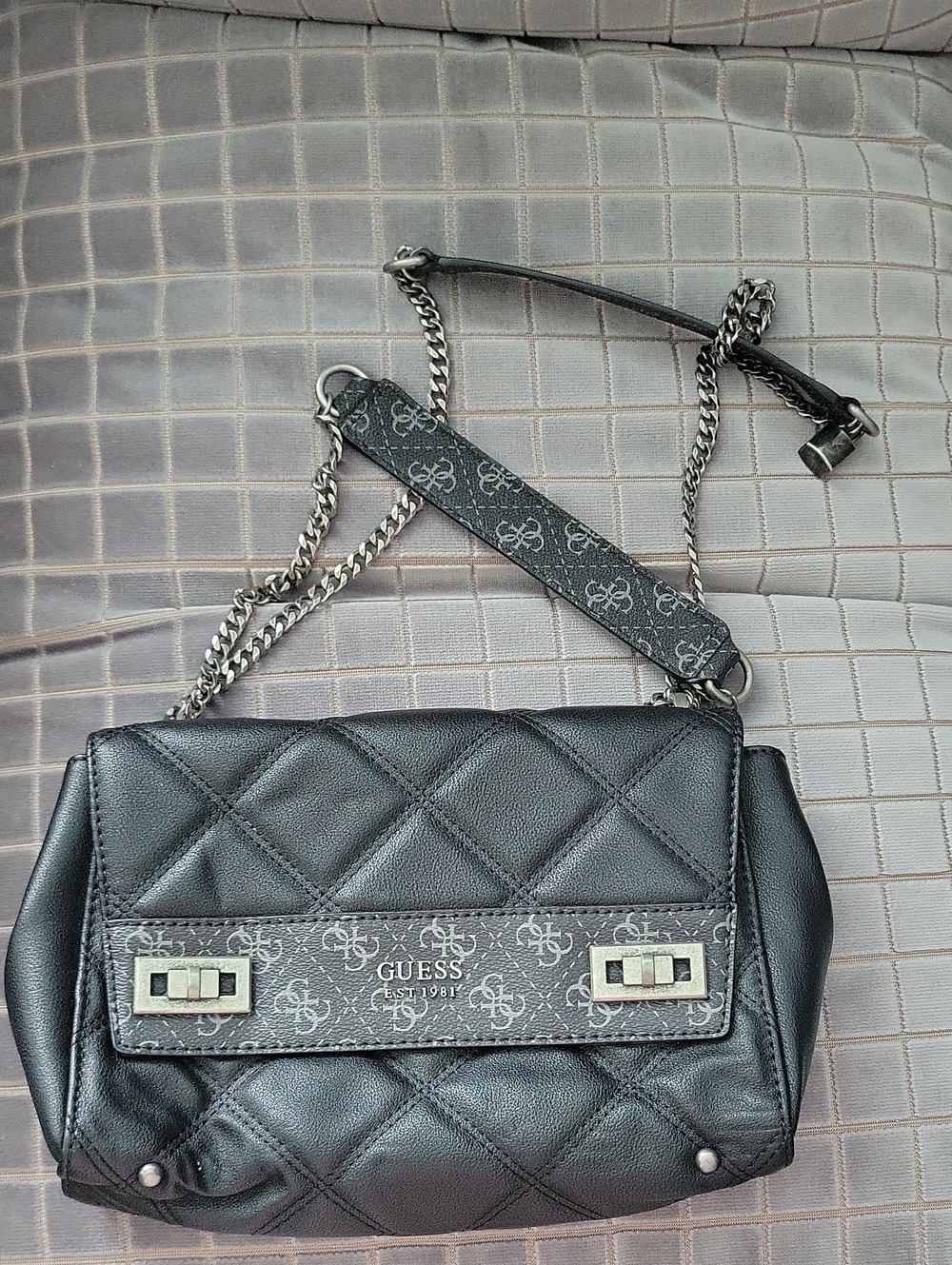 GUESS Black Quilted Shoulder Bag with Chain Strap